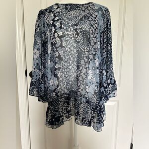Michael Kors Women’s Blue Floral Sheer Blouse with Bell Sleeve Size Medium